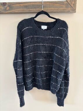 Absolutely Black Fuzzy Crewneck Sweater with Subtle Shimmer Stripes